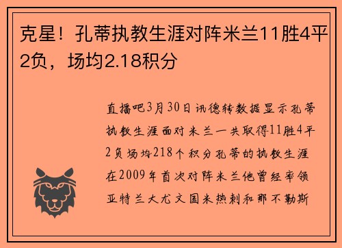 克星！孔蒂执教生涯对阵米兰11胜4平2负，场均2.18积分