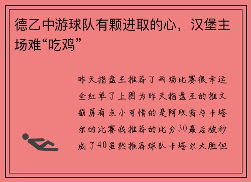 德乙中游球队有颗进取的心，汉堡主场难“吃鸡”