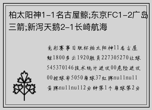 柏太阳神1-1名古屋鲸;东京FC1-2广岛三箭;新泻天鹅2-1长崎航海