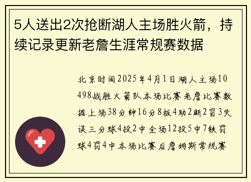5人送出2次抢断湖人主场胜火箭，持续记录更新老詹生涯常规赛数据