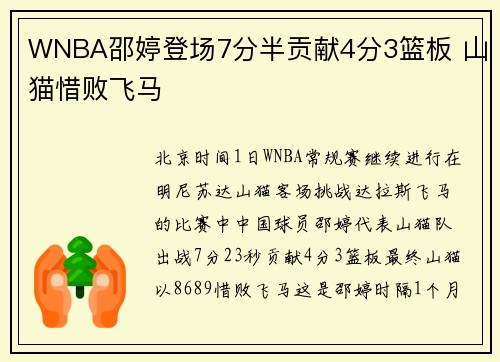 WNBA邵婷登场7分半贡献4分3篮板 山猫惜败飞马
