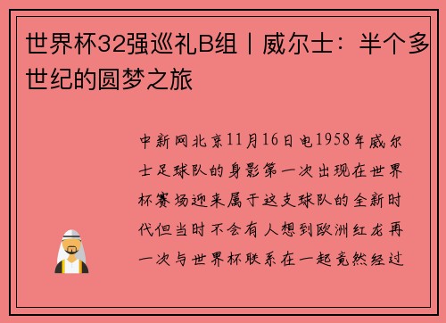 世界杯32强巡礼B组丨威尔士：半个多世纪的圆梦之旅
