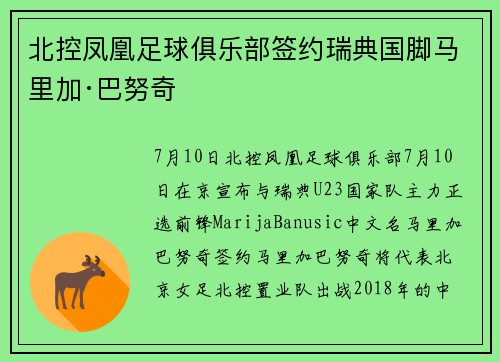 北控凤凰足球俱乐部签约瑞典国脚马里加·巴努奇